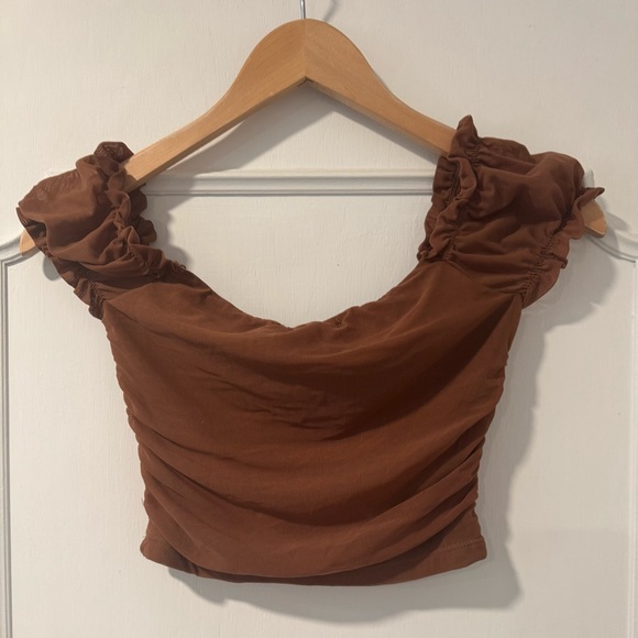 Tic Toc Brown Puff Sleeve Crop Top - Size S - Picture 2 of 3
